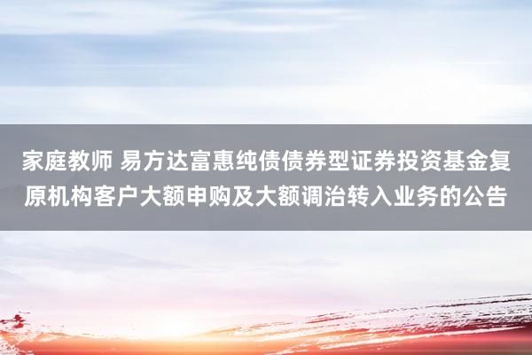家庭教师 易方达富惠纯债债券型证券投资基金复原机构客户大额申购及大额调治转入业务的公告